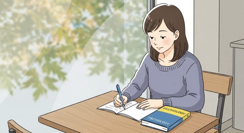 カフェの窓際で心理学の本を開きながらノートを取る日本人女性のイラスト。