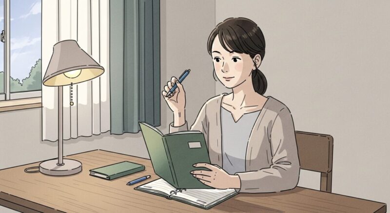 再会に備えて手帳を開きながら心を整えている日本人女性のイラスト。