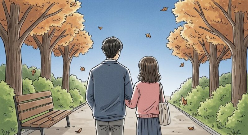 夕暮れの並木道を並んで歩く日本人男女の後ろ姿。少し距離を保ちつつ心が近づいている様子。