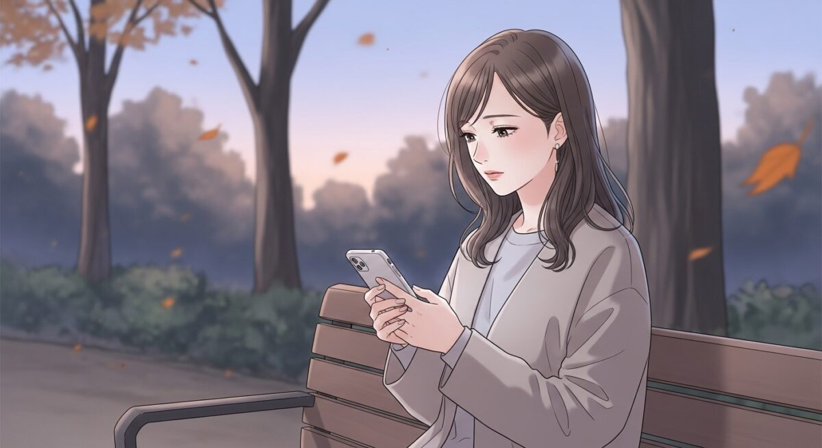 夕暮れの公園でスマホを手に、物思いにふける30代日本人女性の繊細なイラスト