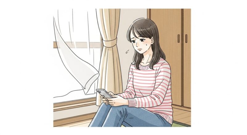メッセージを送るか迷い、スマホを見つめて思案する日本人女性の室内イラスト