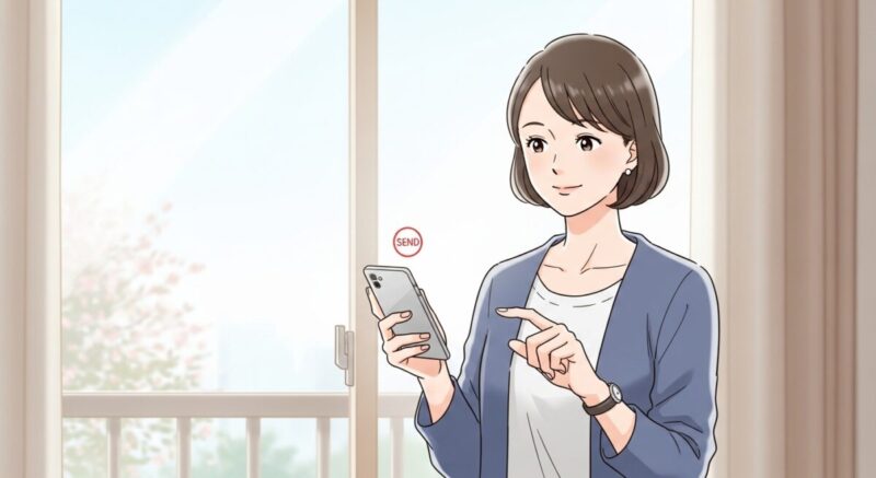 静かな朝の光の中、スマホの送信ボタンに手を伸ばす日本人女性の後ろ姿イラスト