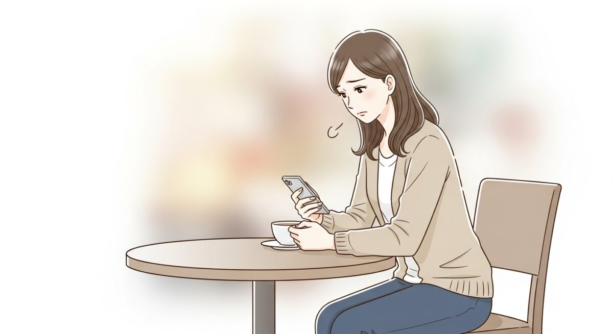 スマホを見つめながら悩む表情の日本人女性がカフェのテーブルにひとり座るイラスト（冷却期間中、連絡をためらう瞬間）
