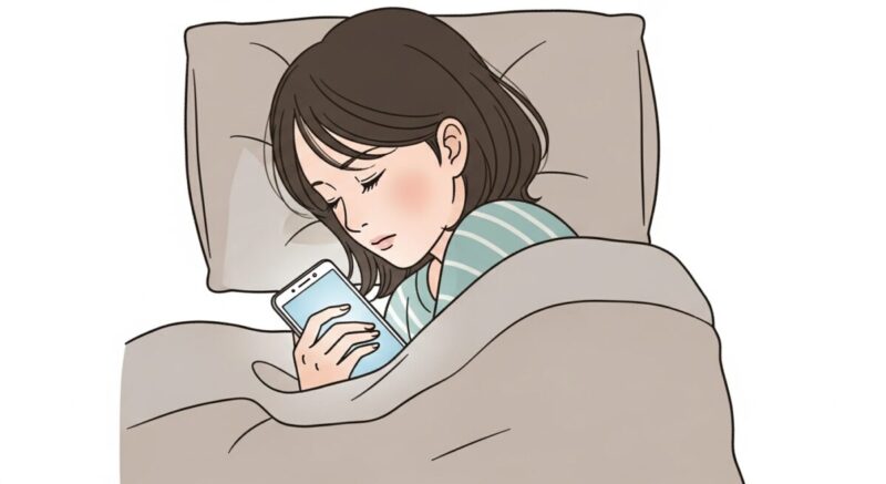 布団にくるまりながらスマホを抱え、目を閉じている日本人女性のイラスト（冷却期間中の孤独と葛藤）