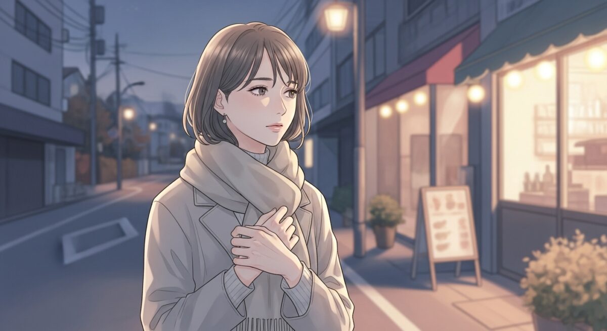 友人との会話を終えて静かな街角に立ち、考え込むような表情の日本人女性。