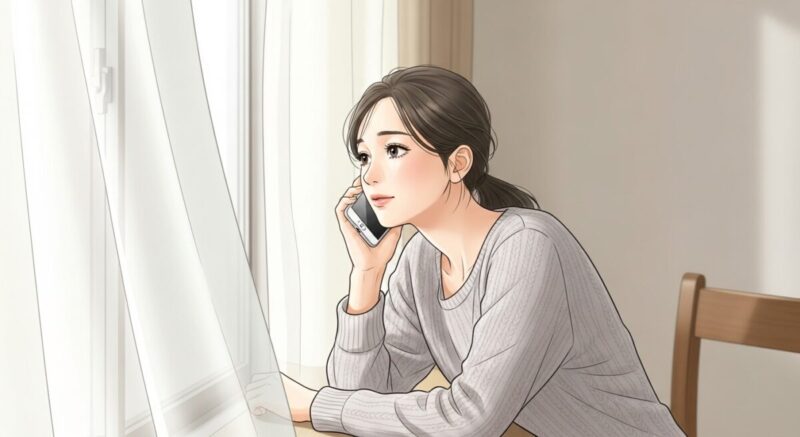 窓辺に寄りかかりながらスマホで相談する日本人女性。落ち着いた空気の中で心を整えている様子。