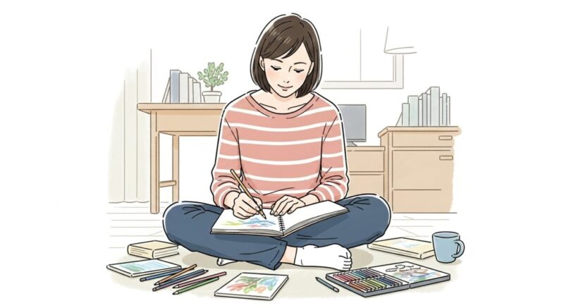 自宅の床に座ってスケッチブックに絵を描く日本人女性。創作に没頭している落ち着いた雰囲気。