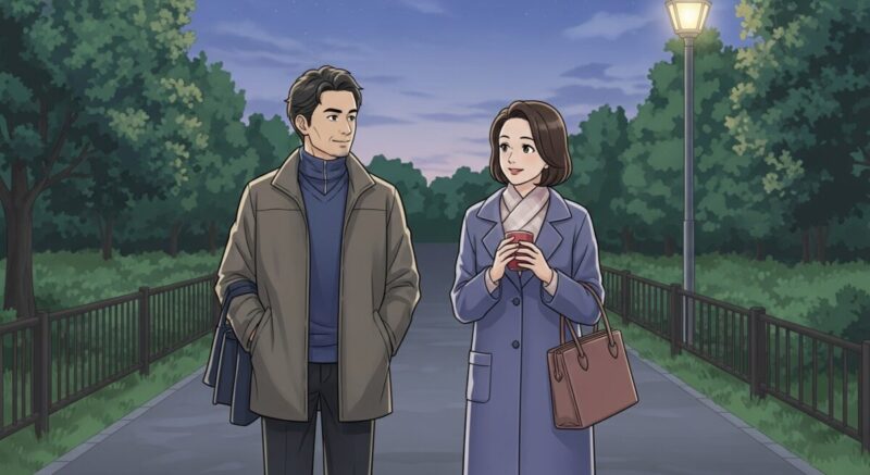 公園の小道を並んで歩く日本人男女。距離感を保ちながらも穏やかに微笑み合う場面。