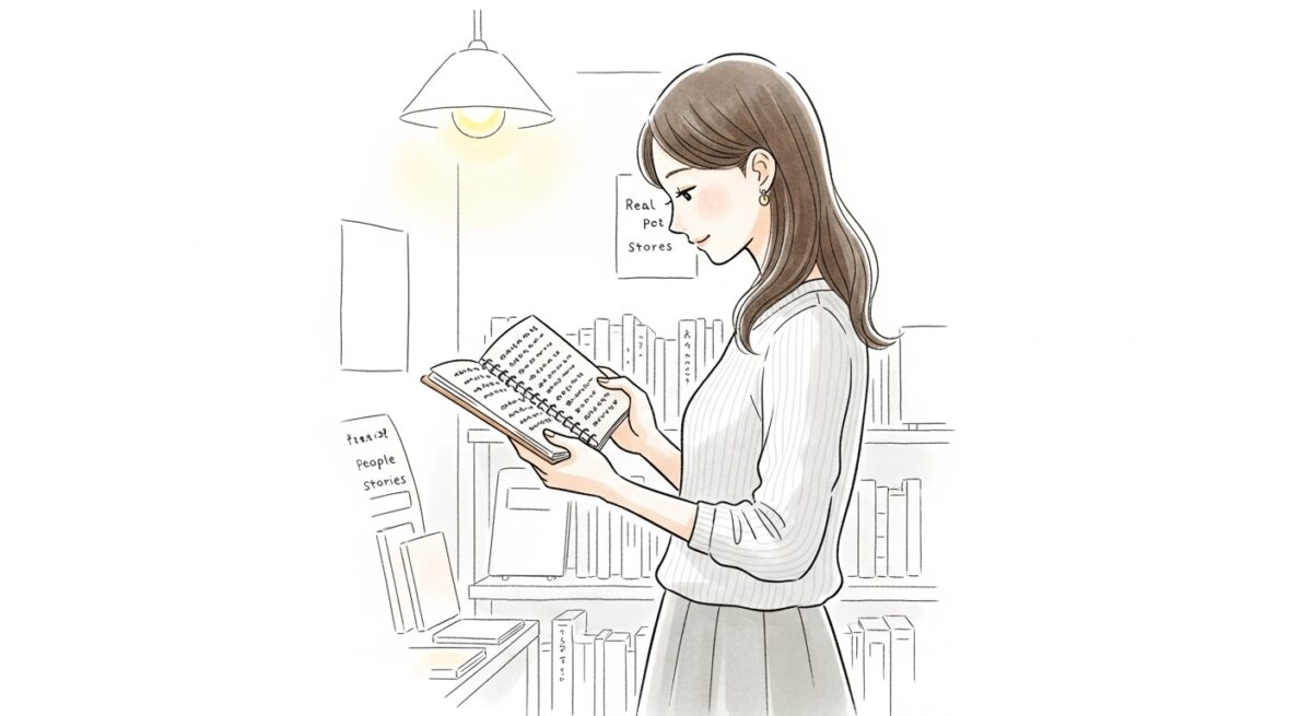 静かな書斎で復縁体験のノートに目を通し、心の中で共感を深める女性の繊細なイラスト