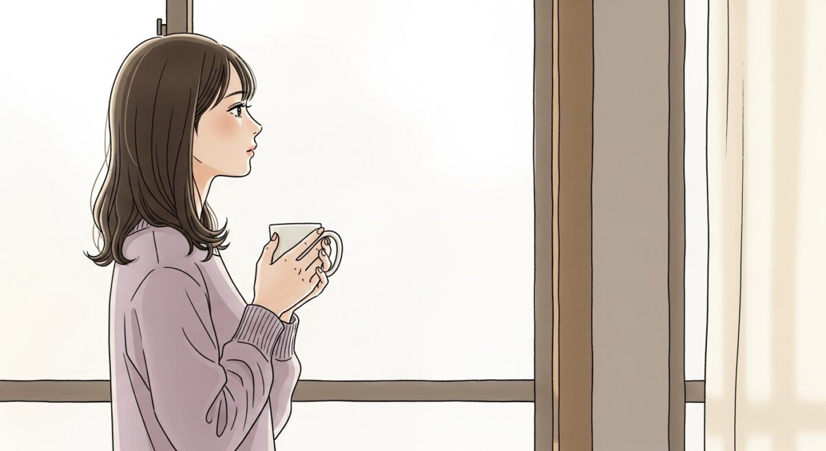 窓辺で穏やかに外を見つめる日本人女性の繊細なイラスト（冷却期間中の心の整理を象徴）