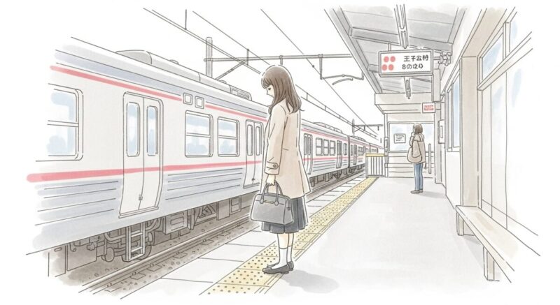 駅のホームでうつむき、静かに涙を堪える日本人女性の後ろ姿の水彩イラスト