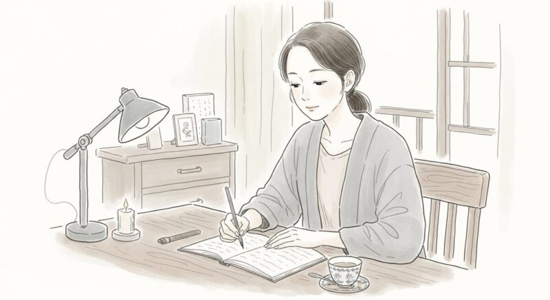 ノートに感情を書き出す落ち着いた表情の日本人女性の繊細な手描き風イラスト