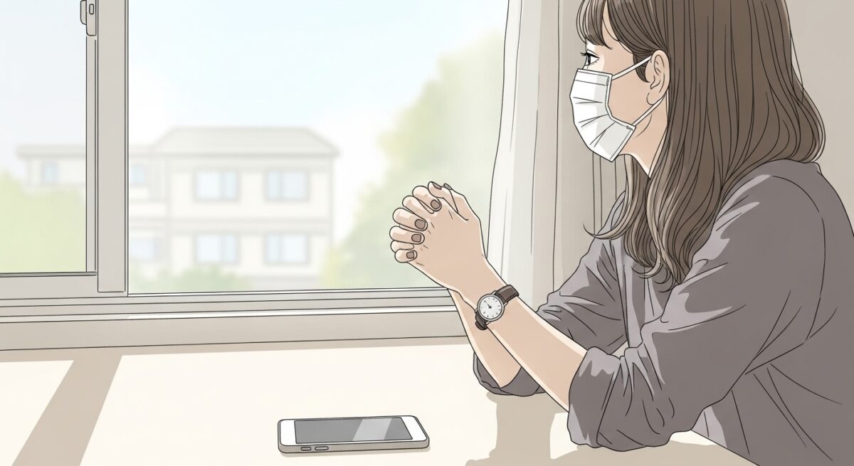 スマートフォンをテーブルに置いて窓の外を見つめる女性の繊細なイラスト。冷却期間中の内省と静かな時間を表現。