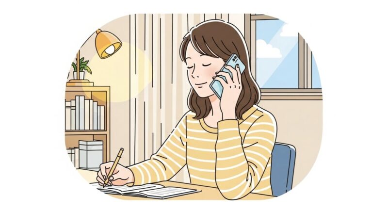 落ち着いた部屋で電話相談をする女性のイラスト。占い師の助言を受けて安心している様子。