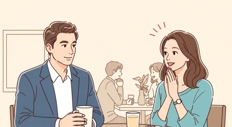 小さな集まりで偶然再会した男女が、穏やかに微笑みながら会話する様子のイラスト。