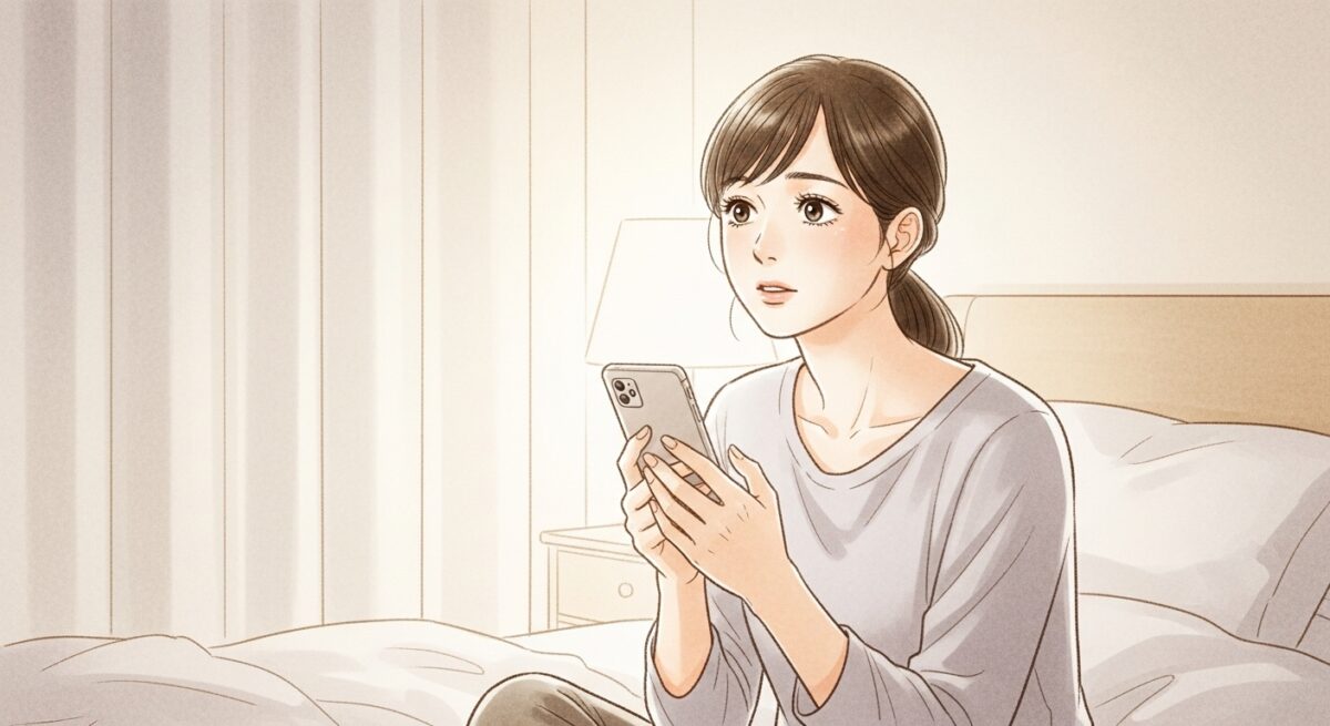 スマートフォンを見つめる日本人女性が、夜の室内で物思いにふける繊細なイラスト