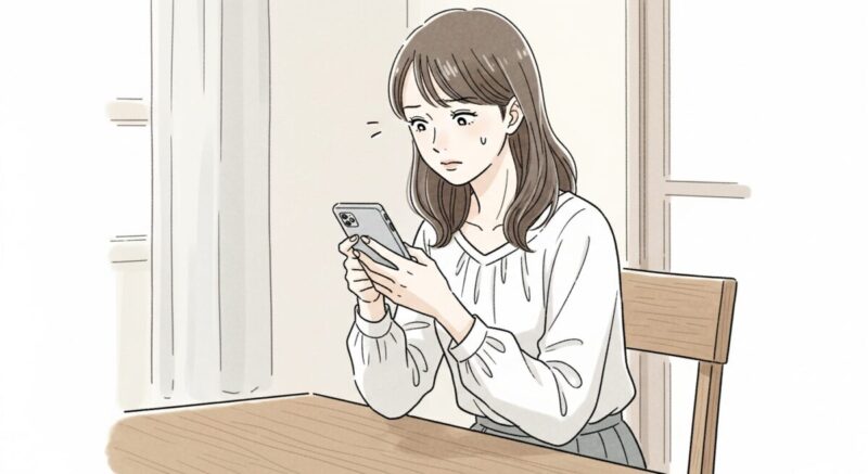 スマートフォンに謝罪のメッセージを打とうとする日本人女性のイラスト。不安と決意が入り混じった表情
