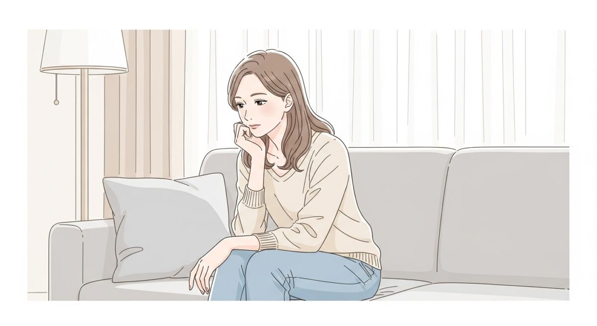 静かな部屋でソファに座り、物思いにふける洋服姿の日本人女性のイラスト。落ち着いた雰囲気と繊細な表情が描かれている。