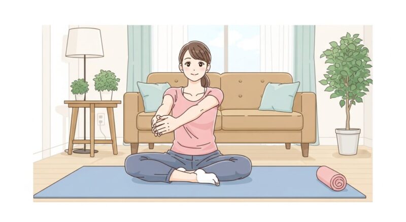 リビングでヨガをしている日本人女性のイラスト。朝の光の中で穏やかにストレッチをしている様子。