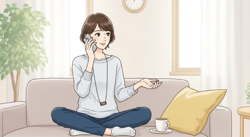電話で占い師に相談しながら穏やかな表情を見せる日本人女性のイラスト。リラックスした室内での一場面。