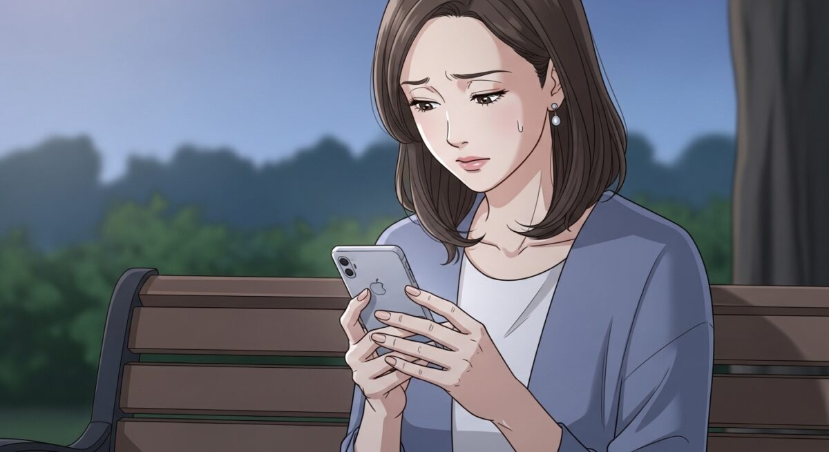 公園のベンチでスマホを見つめて悩んでいる大人の女性のイラスト