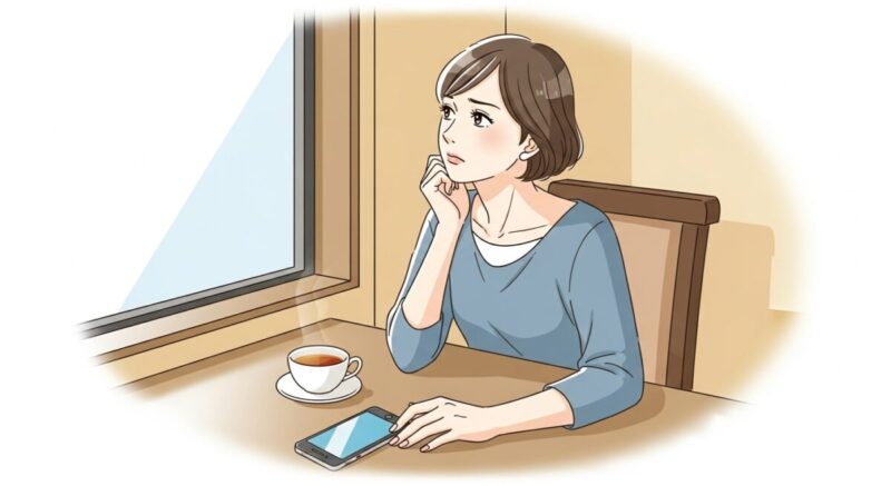 カフェでスマホを伏せて置き、窓の外を見てほっとした表情を浮かべる女性のイラスト