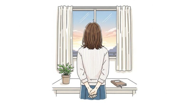日の出を見つめながら静かに思いにふける女性の後ろ姿のイラスト