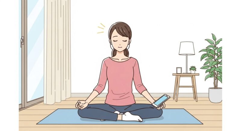 部屋で瞑想しながら心を落ち着けている女性のイラスト