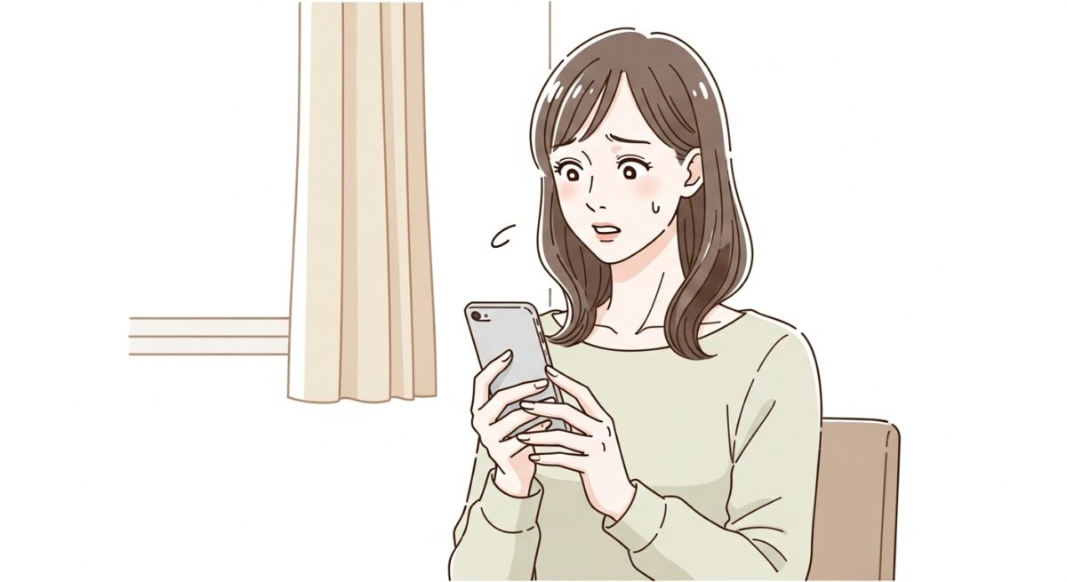 スマホを見つめてLINEブロックに気づいた20代後半の日本人女性のイラスト