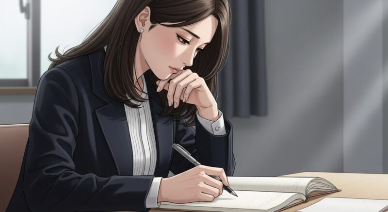 ノートを前に思いを整理しようとする20代後半の日本人女性のイラスト