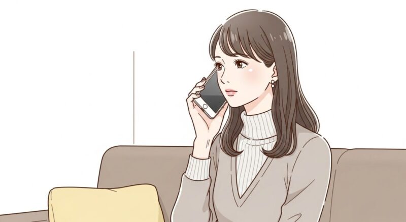 電話占いを受けながら真剣に耳を傾ける20代後半の日本人女性のイラスト