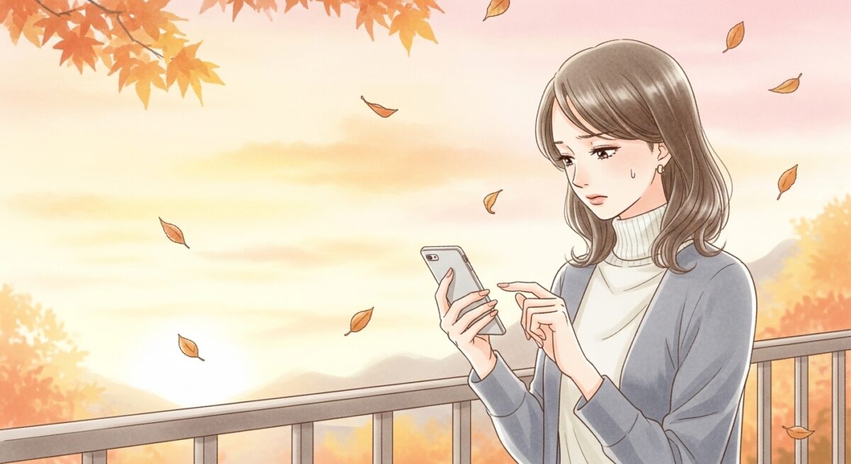 夕暮れのベランダでスマホを見つめる日本人女性の、秋らしく切ない雰囲気のイラスト