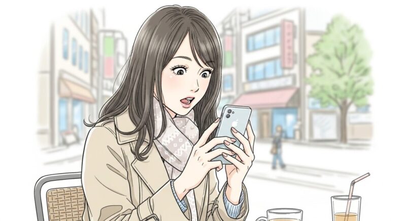 友人とカフェにいる日本人女性が、驚いた表情でスマホ画面を見せるイラスト
