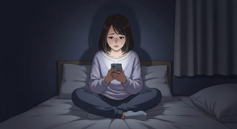 夜のベッドでスマホを見つめて悩む日本人女性の、静かなイラスト
