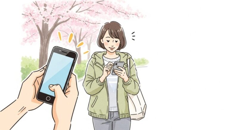 春の公園でスマホを操作する日本人女性の、前向きな印象のイラスト
