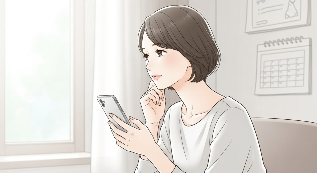 自己改善後にLINEの文面を考えながら窓辺でスマホを見つめる日本人女性の繊細なイラスト