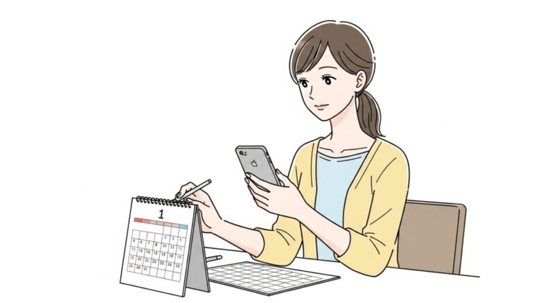 スマホとカレンダーを見ながら連絡のタイミングを考える日本人女性のイラスト
