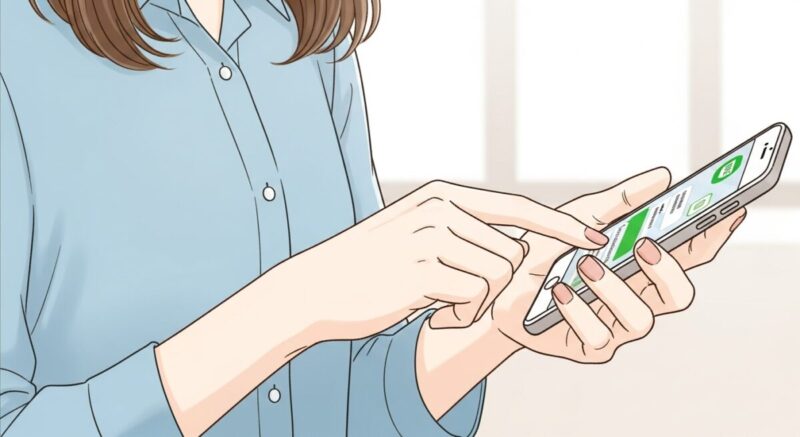 スマートフォンでLINEメッセージを入力している日本人女性の手元の繊細なイラスト