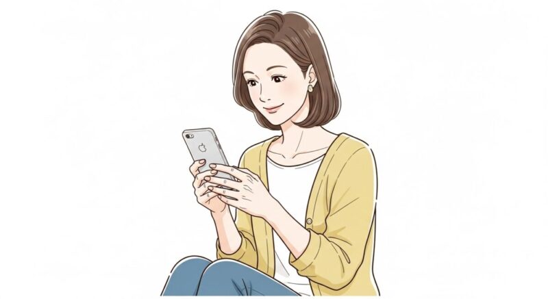 スマホを見ながら微笑む日本人女性の繊細なイラスト