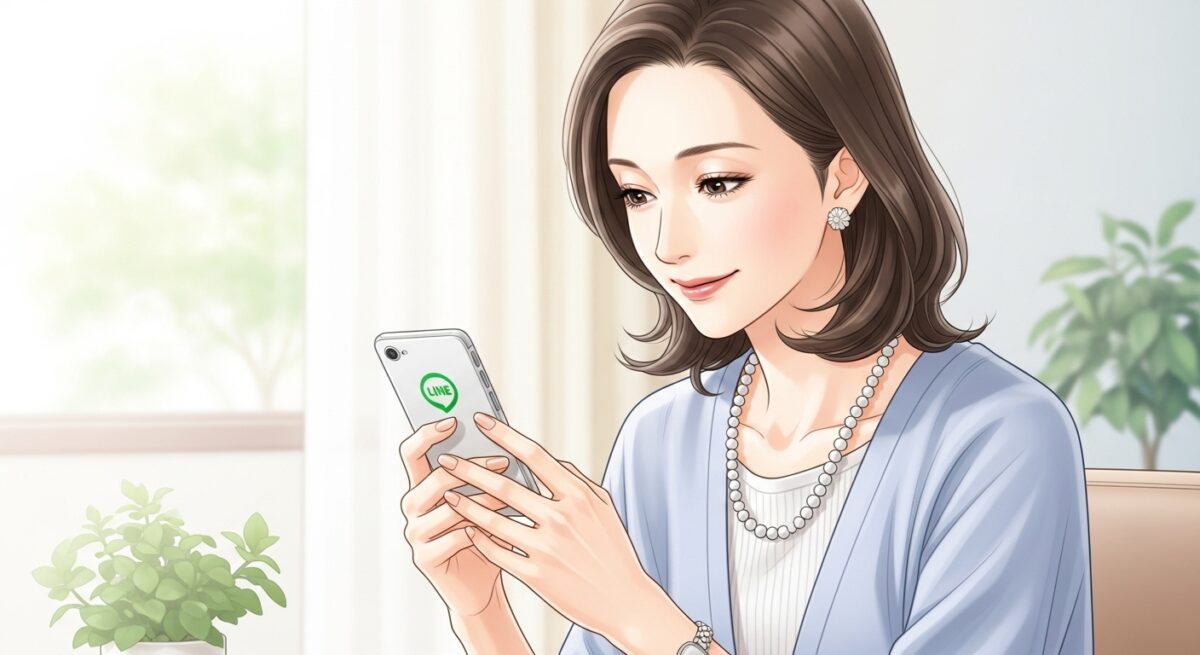 スマートフォンでLINEメッセージを読んで優しく微笑む日本人女性の繊細なイラスト