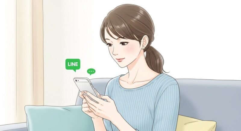 LINEを打つ姿勢の日本人女性の落ち着いたイラスト