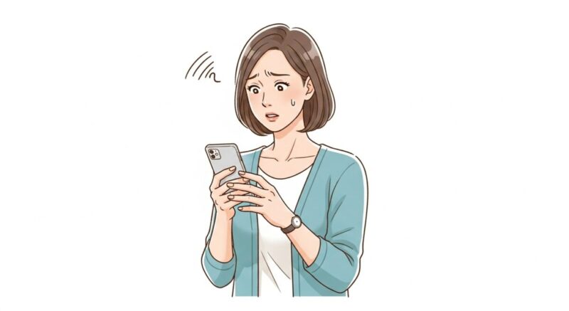 LINEを見つめて不安そうな表情を浮かべる日本人女性のイラスト