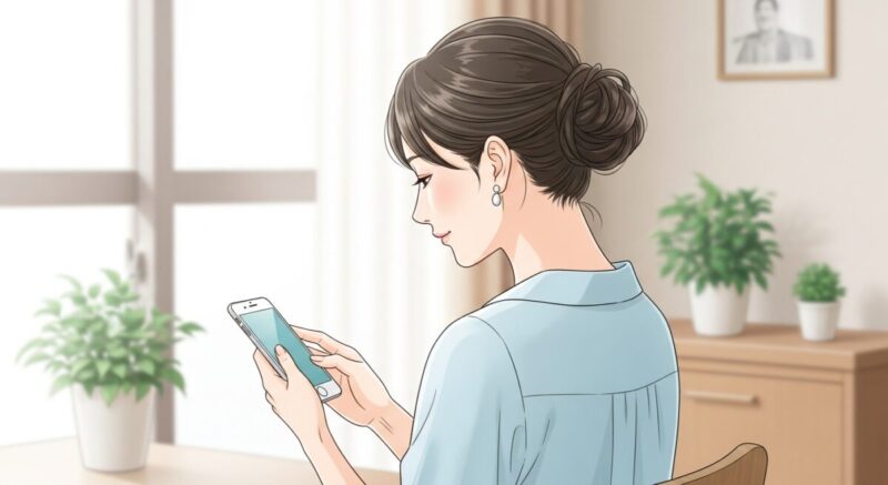 スマホを操作する日本人女性の後ろ姿のイラスト（落ち着いた室内）