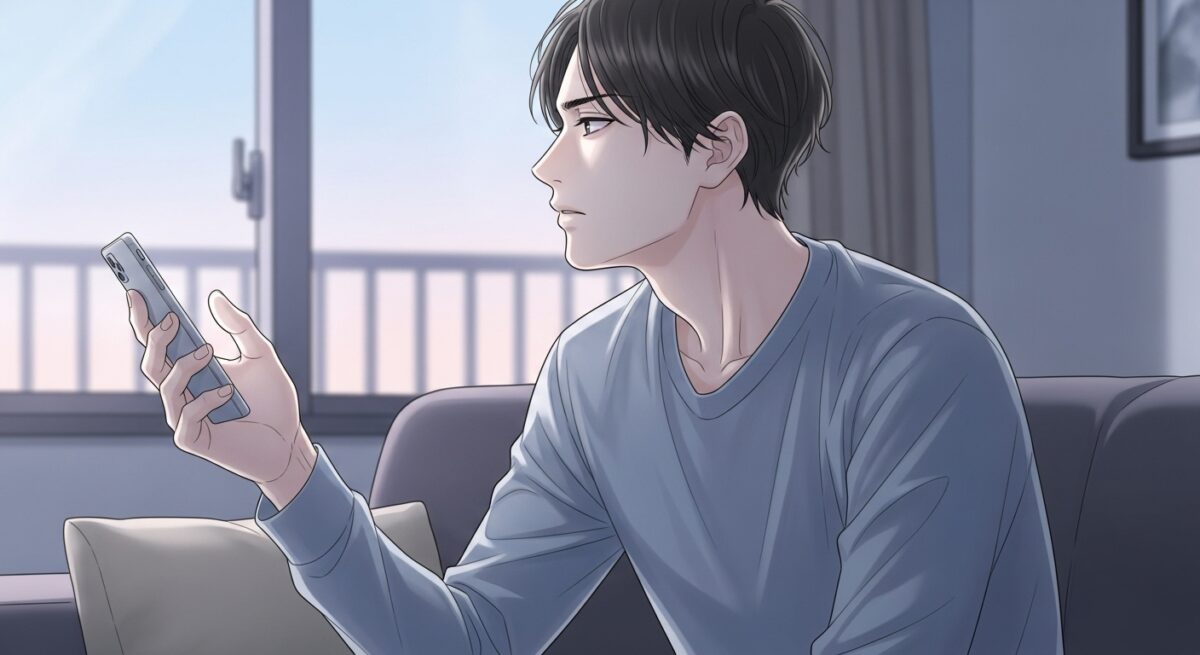 スマホを手にしながらも窓の外を見つめ、感情を抱える男性のイラスト