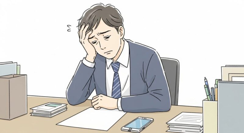 スマホを伏せて机に置き、疲労感をにじませる男性のイラスト