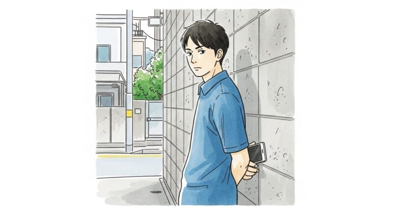 スマホを背中に隠しながらも、どこか不安げな男性のイラスト（心理的距離感を表現）