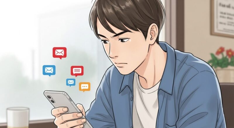 カフェでスマホを見つめながら、複雑な思いを抱える男性のイラスト