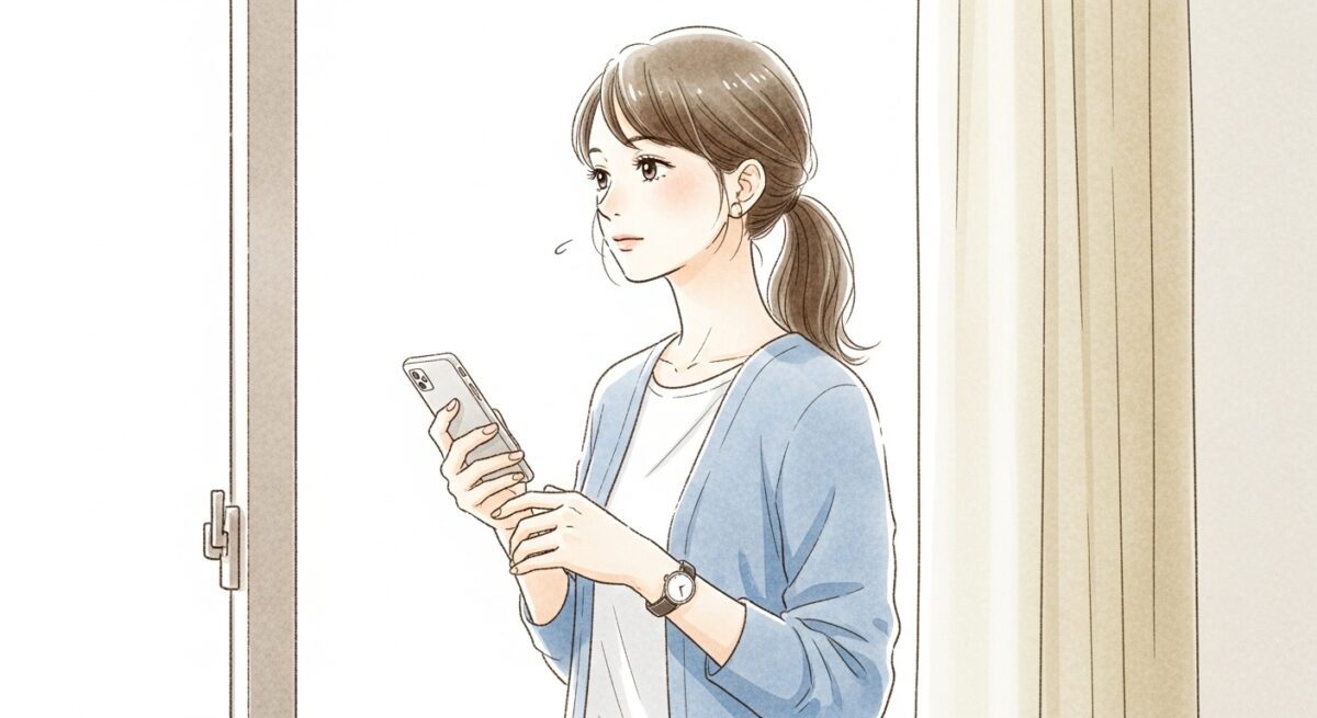 スマホを持って窓辺に佇み、思いにふける日本人女性の繊細なイラスト