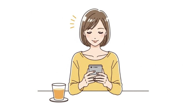 スマホを持ち、穏やかな表情を浮かべる日本人女性のイラスト