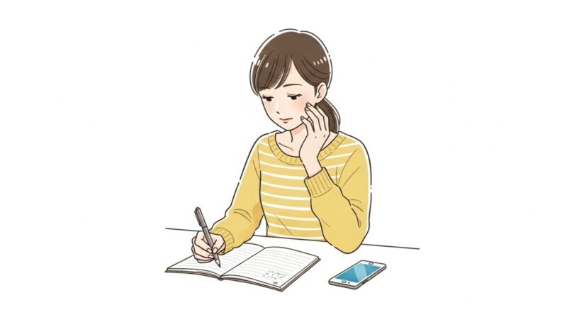 スマホを横に置きながらノートに向き合う日本人女性のイラスト